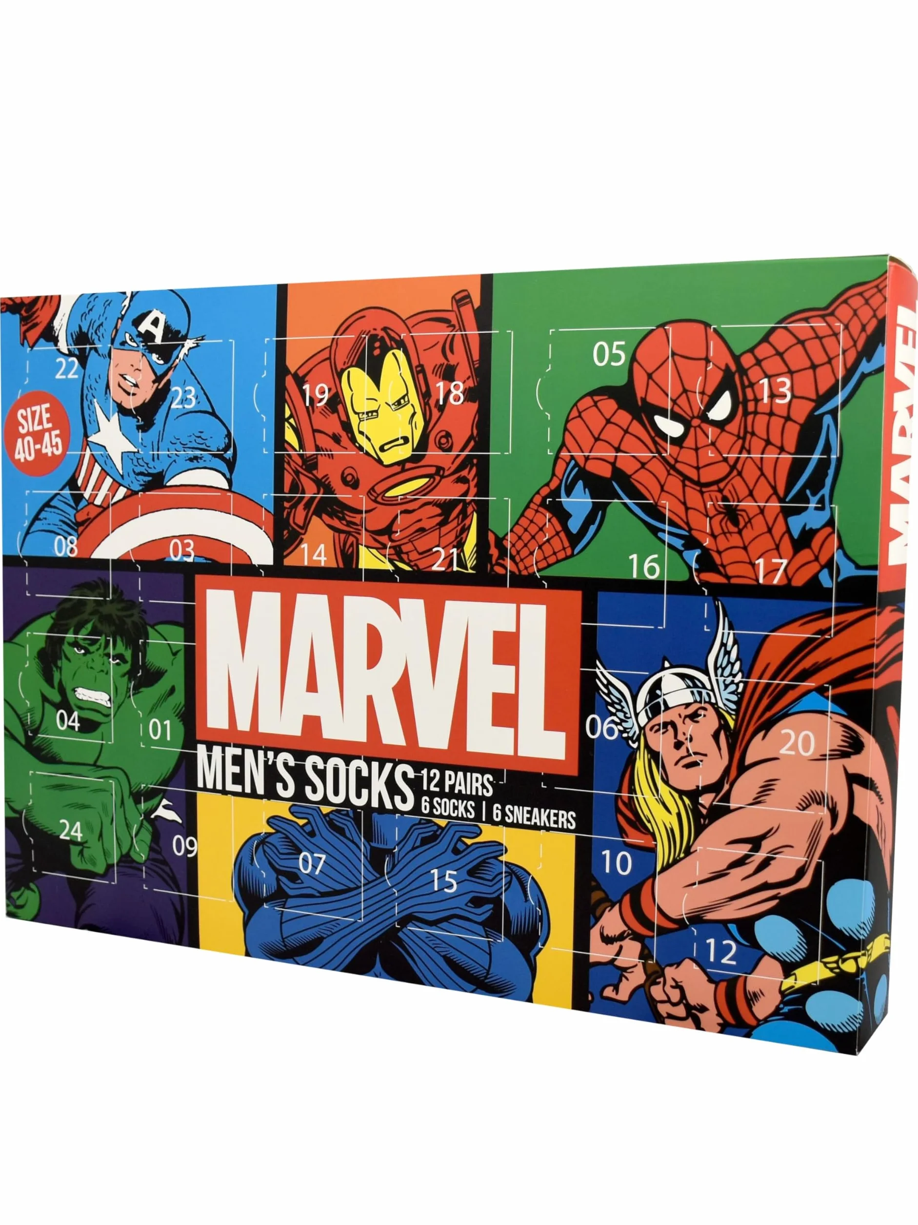 United Labels Marvel Calendario dell'Avvento con 12 paia di calzini da uomo, taglia 40-45, calendario con sneakers e calzini lunghi, calendario natalizio regalo