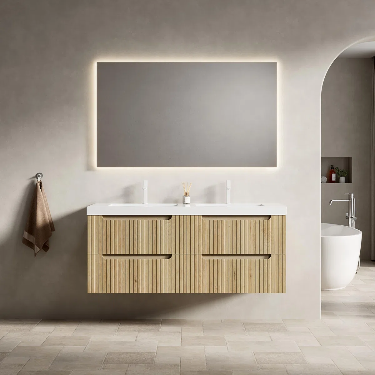 Mobile Bagno Sospeso con Legno, Doppio Lavabo Integrato, Rovere Bianco, 120cm