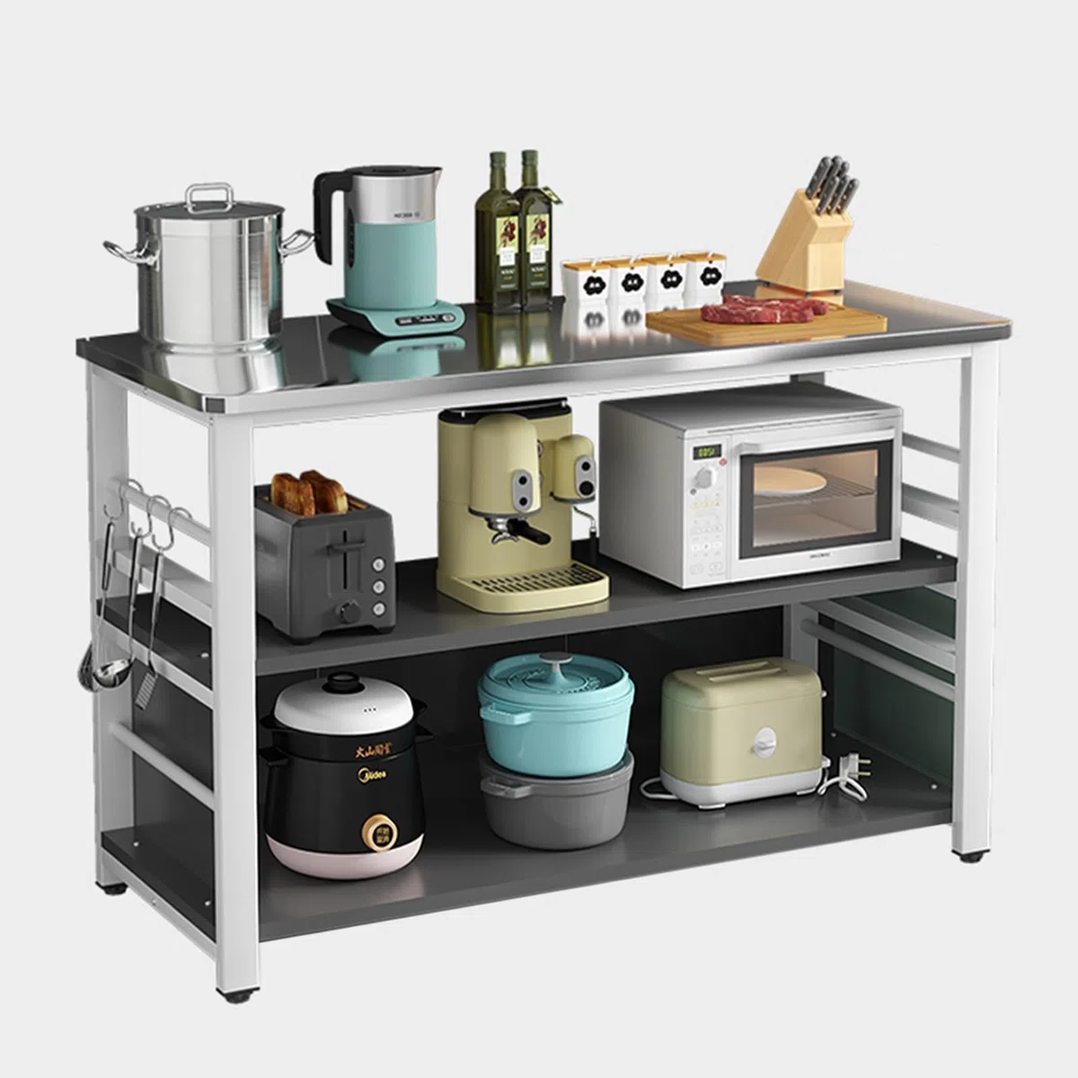 Scaffale per forno a microonde in acciaio inox, tavolo e supporto per la preparazione della cucina con ripiani aperti, isola da cucina in metallo, 4 ganci, soluzione salvaspazio 90 x 50 x 80 cm
