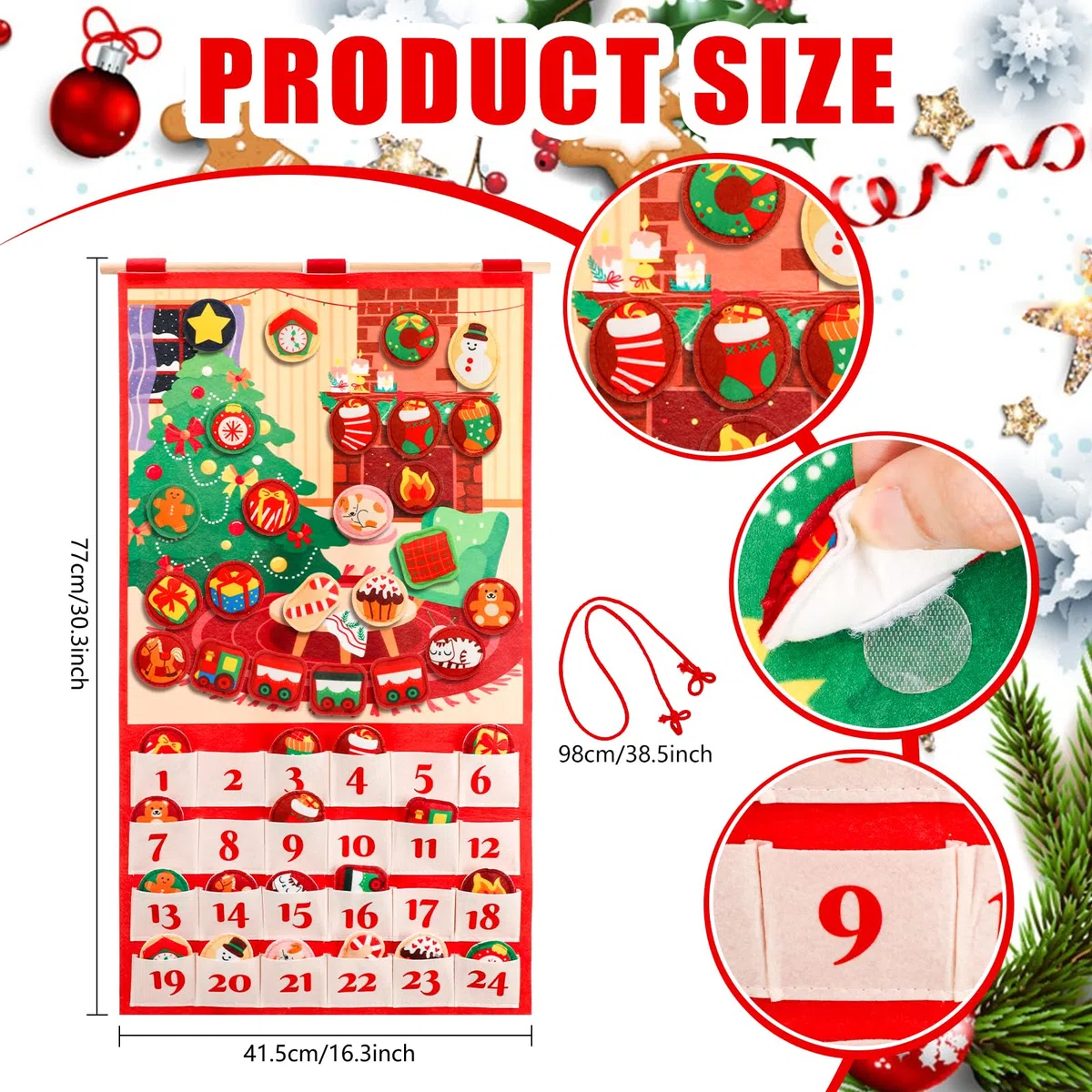 DPKOW Calendario Avvento 2025 in feltro con 24 Decorazioni Natalizie in Velcro, Fai da Te Calendario Avvento da Riempire con 24 Tasche e Asta, Regalo Addobbi Natale Decorazioni Natalizie per la Casa