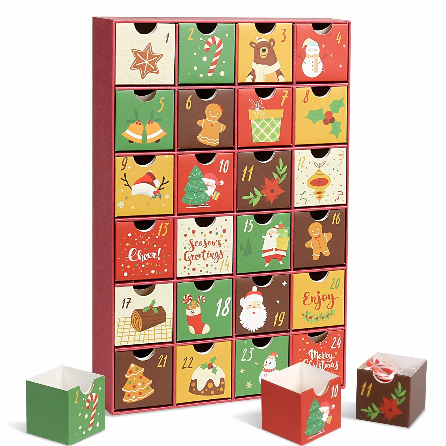 LEMESO Calendario Avvento 2024 Calendario dell’Avvento per Natale, con 24 Cassetti da Riempire, Scatole Regali Natalizie di Cartone per Confetti Caramelle Cioccolatini Dolcetti per Bambini