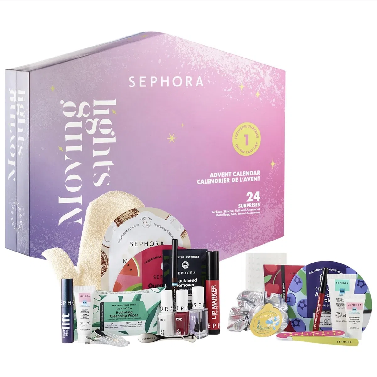 Sephora – Calendario dell'Avvento 2024 “Moving Lights” con 24 sorprese, tra cui trucco, cura della pelle, prodotti da bagno o accessori