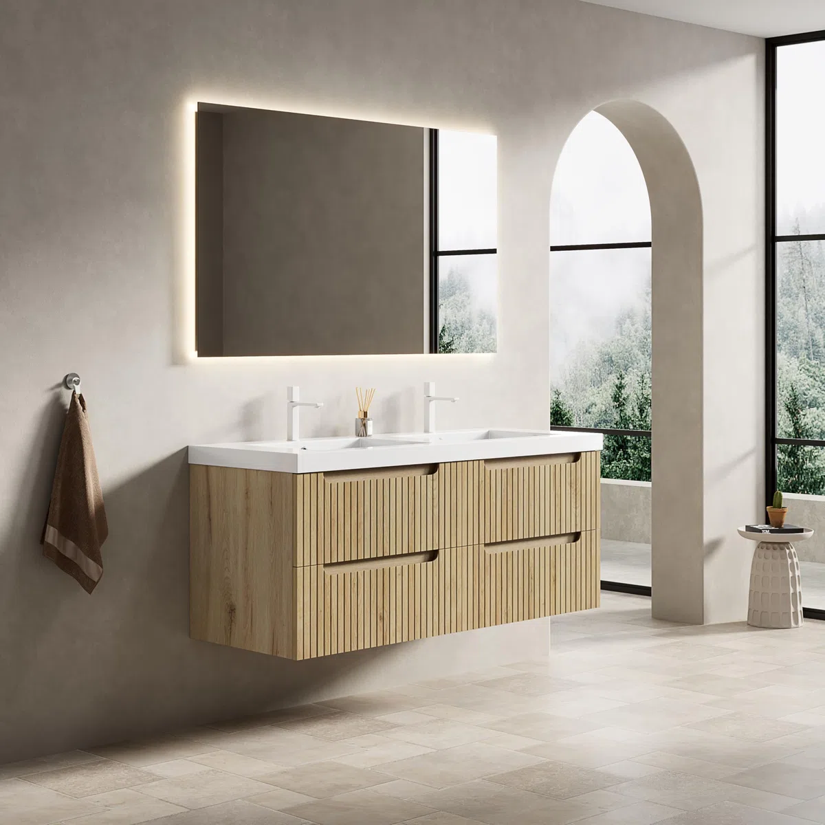 Mobile Bagno Sospeso con Legno, Doppio Lavabo Integrato, Rovere Bianco, 120cm