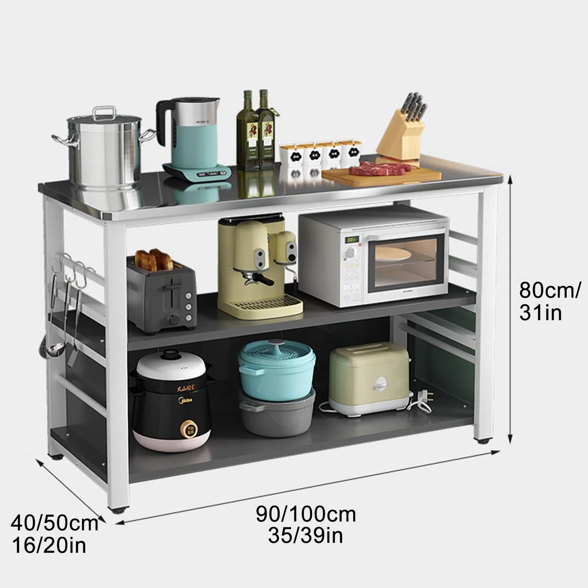 Scaffale per forno a microonde in acciaio inox, tavolo e supporto per la preparazione della cucina con ripiani aperti, isola da cucina in metallo, 4 ganci, soluzione salvaspazio 90 x 50 x 80 cm