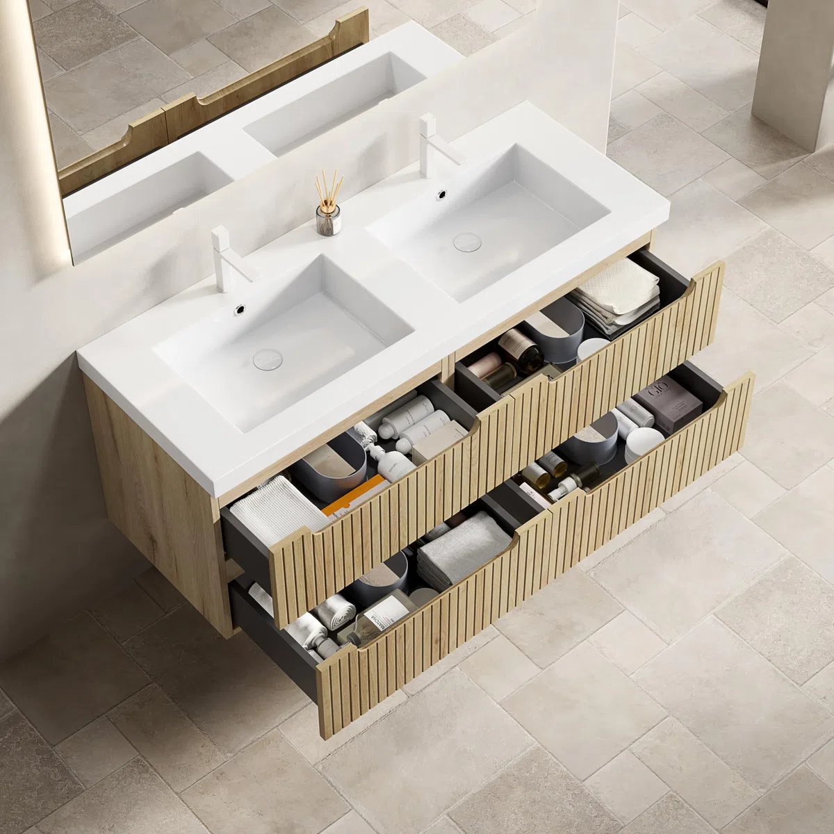 Mobile Bagno Sospeso con Legno, Doppio Lavabo Integrato, Rovere Bianco, 120cm