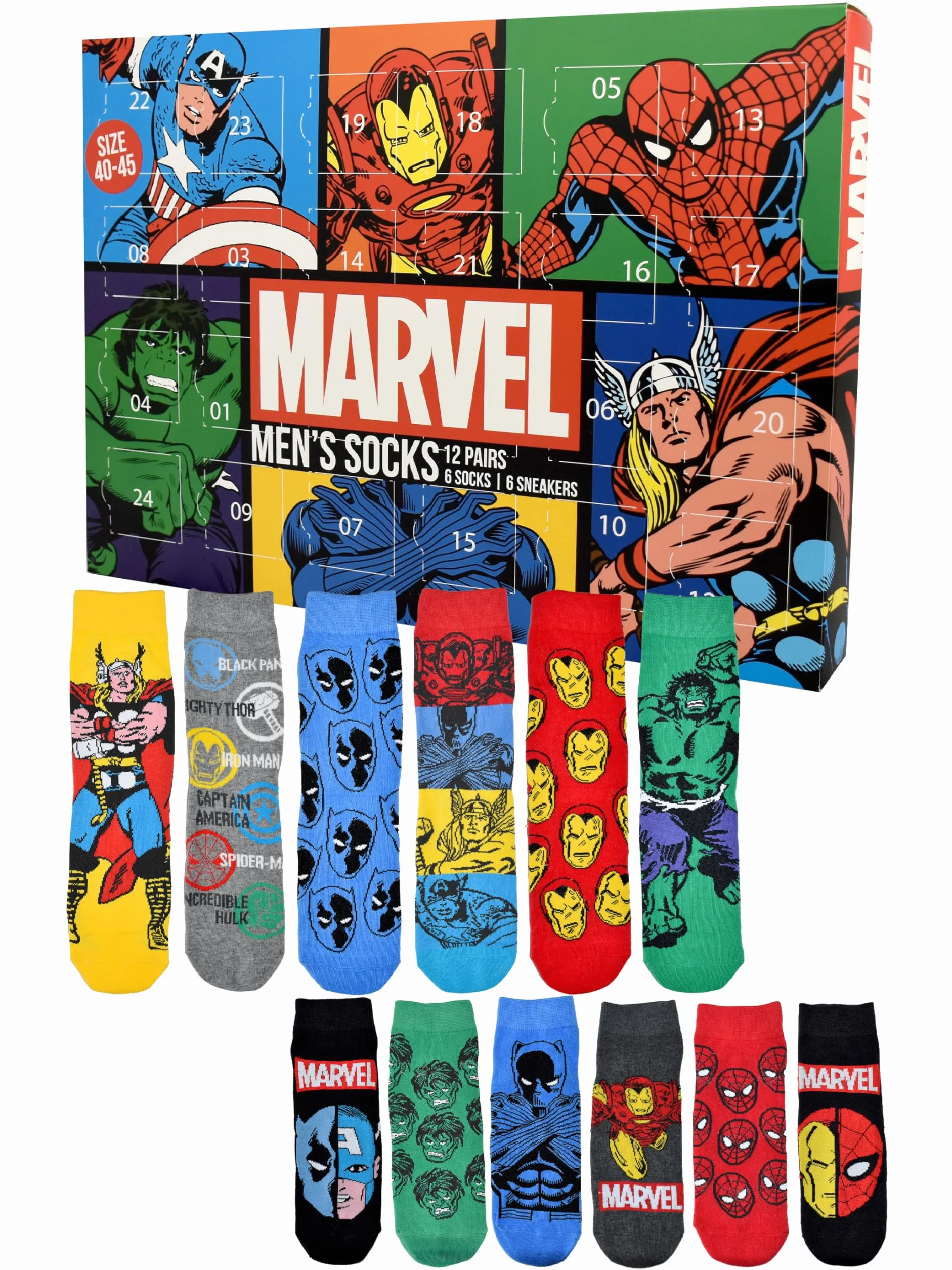 United Labels Marvel Calendario dell'Avvento con 12 paia di calzini da uomo, taglia 40-45, calendario con sneakers e calzini lunghi, calendario natalizio regalo
