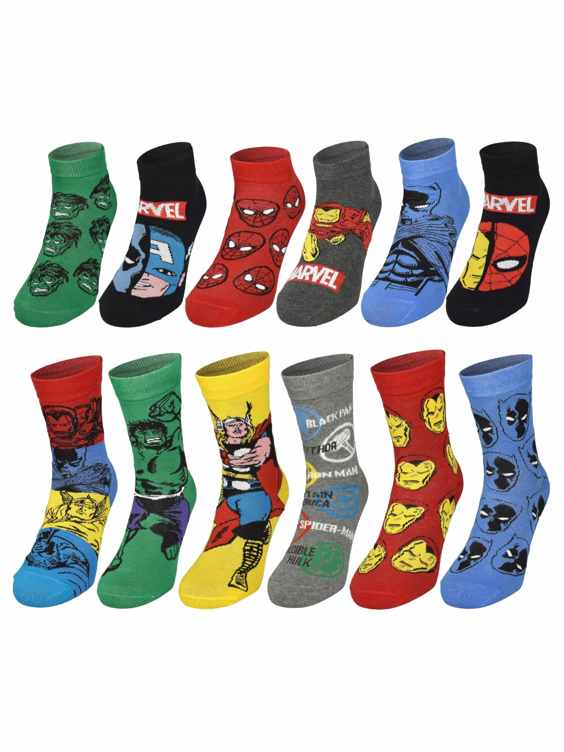 United Labels Marvel Calendario dell'Avvento con 12 paia di calzini da uomo, taglia 40-45, calendario con sneakers e calzini lunghi, calendario natalizio regalo