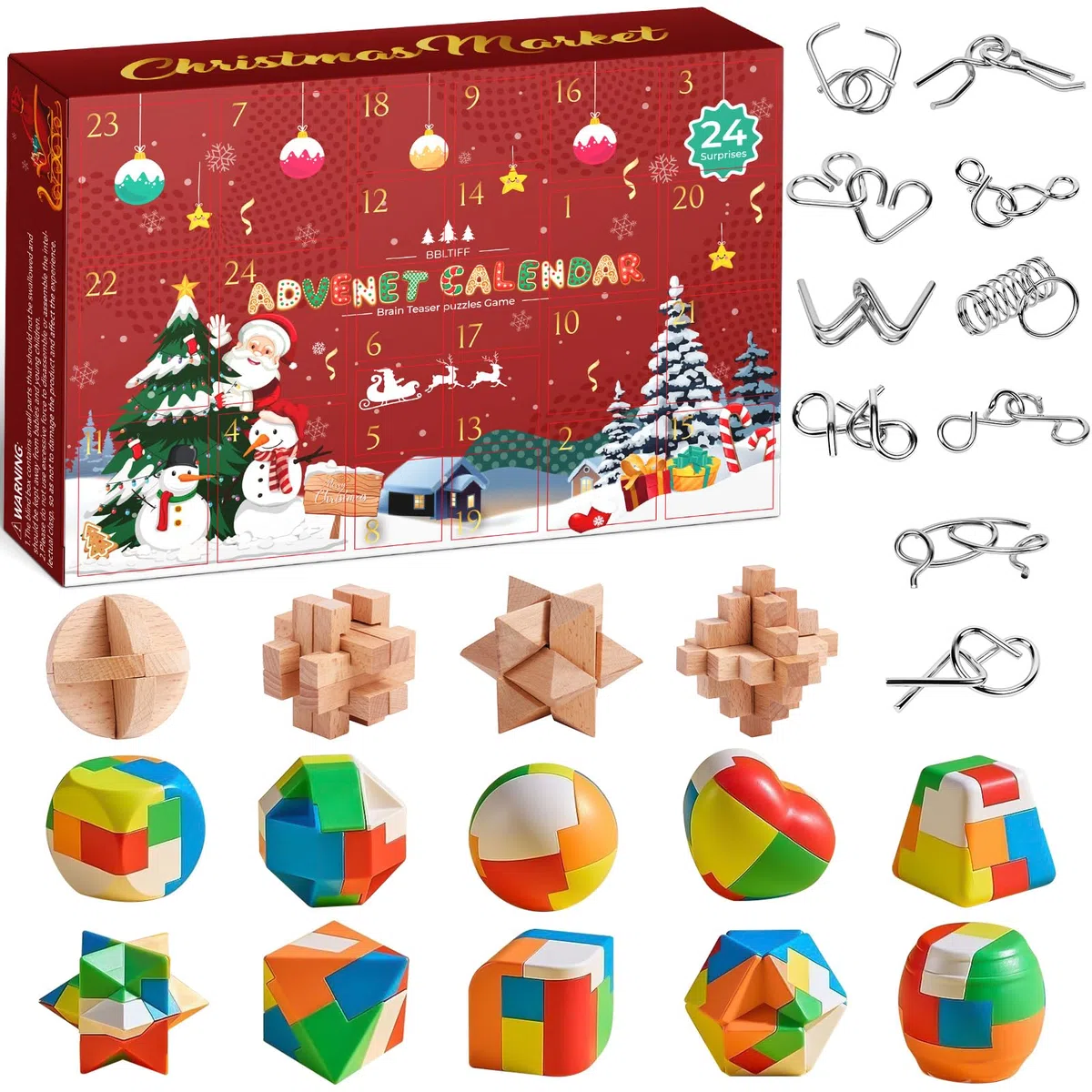 Calendario dell'Avvento 2025 Rompicapo, Calendario Avvento Rompicapo con 24 Pezzi in Metallo, Plastica 3D e Legno 3D, 24 Giorni di Regalo di Natal per Bambini, Adolescenti, Adulti