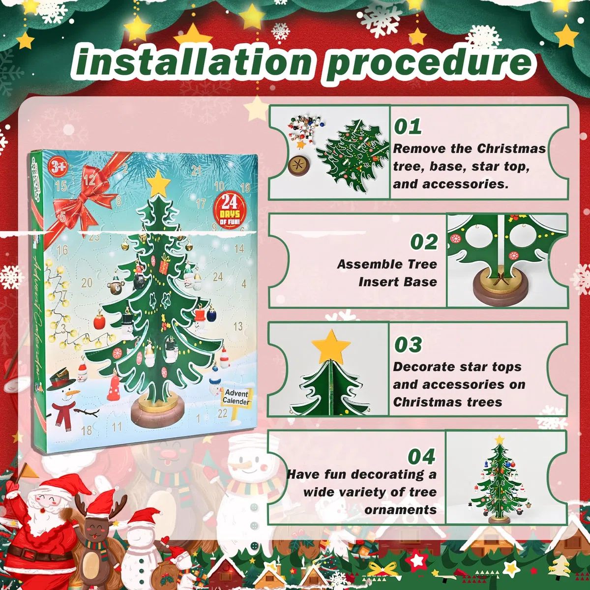 Amycute Calendario Avvento 2024 Bambini, Calendari Avvento Albero di Natale 2024, Decorazioni Albero di Natale Calendario dell'Avvento Regali Natale per Bambini