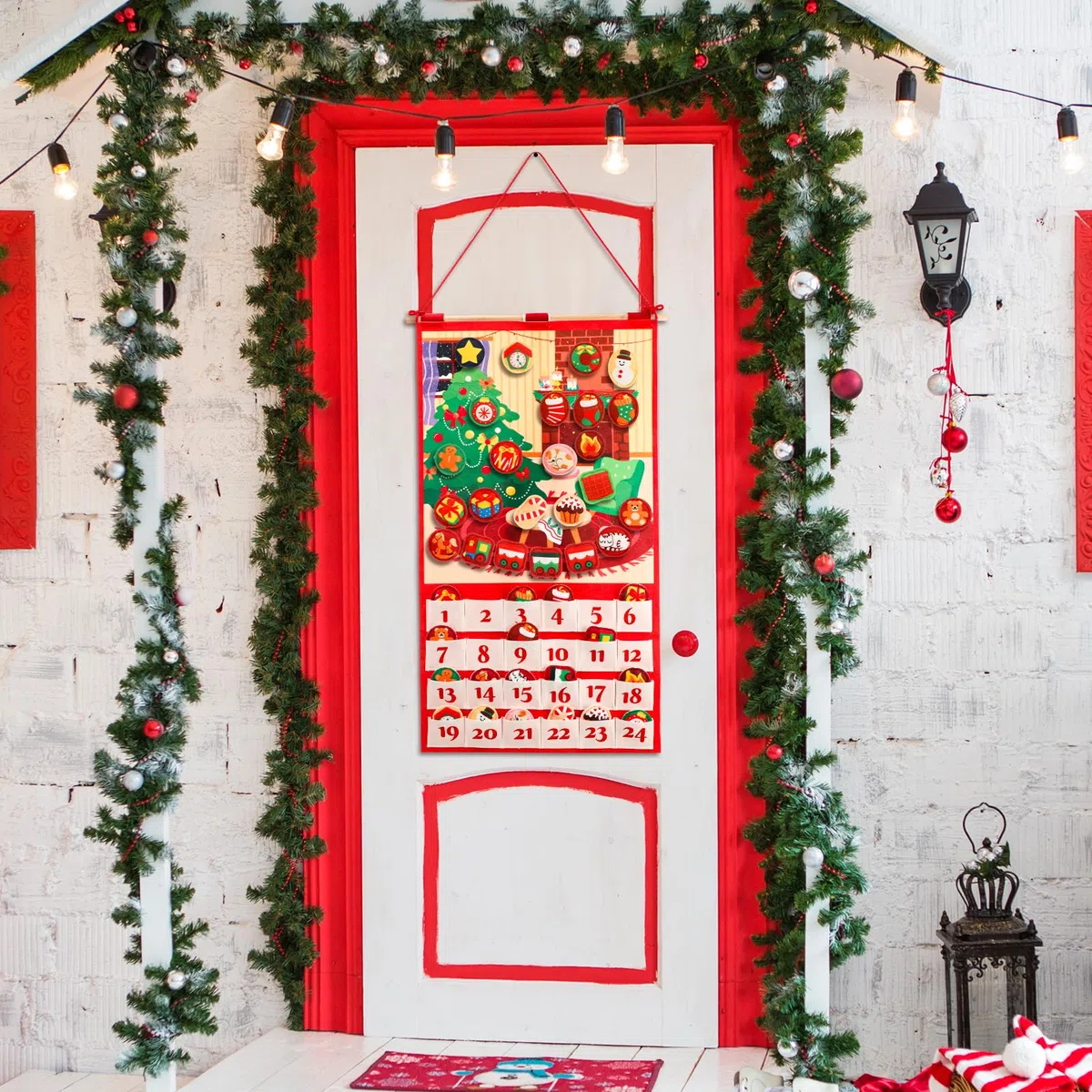DPKOW Calendario Avvento 2025 in feltro con 24 Decorazioni Natalizie in Velcro, Fai da Te Calendario Avvento da Riempire con 24 Tasche e Asta, Regalo Addobbi Natale Decorazioni Natalizie per la Casa