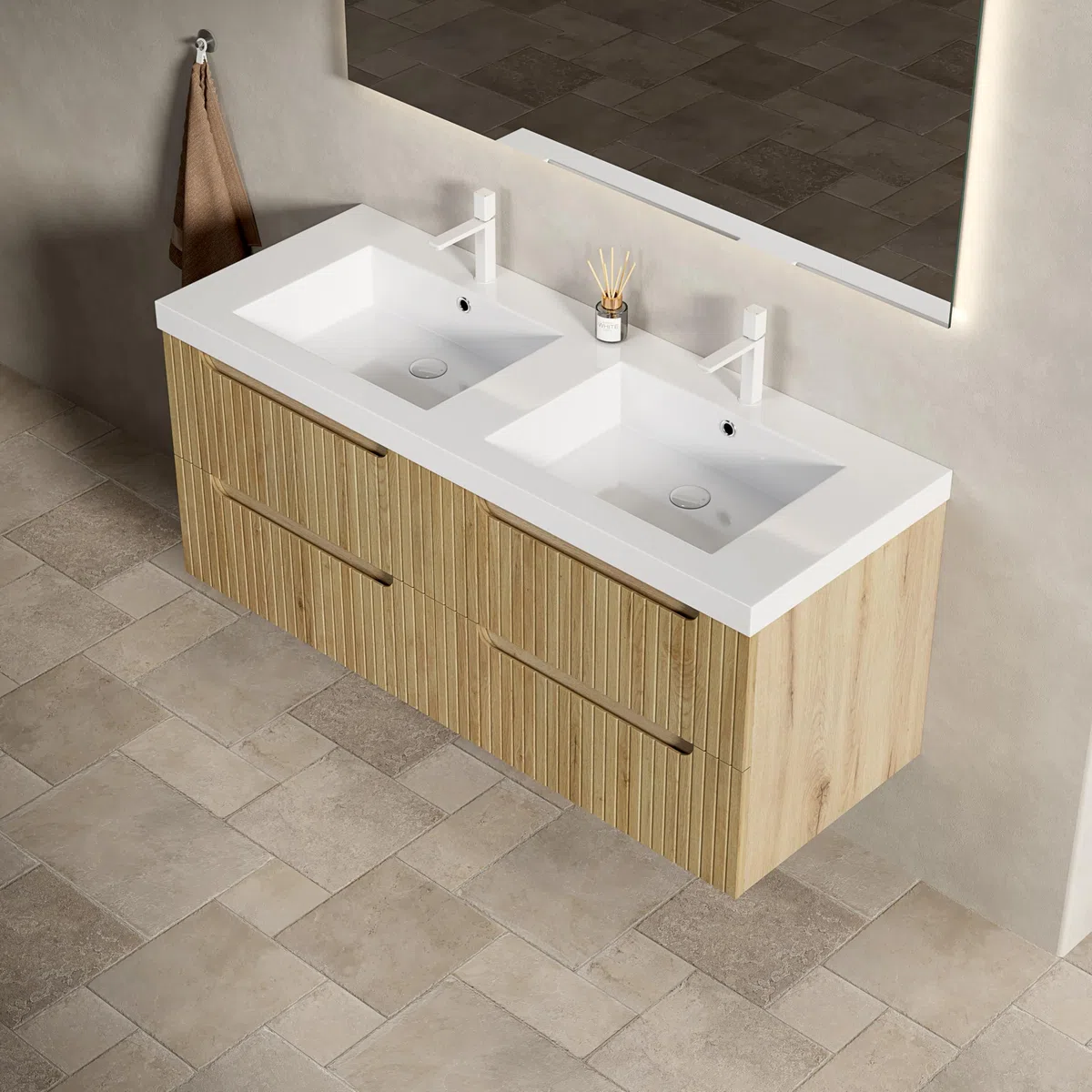 Mobile Bagno Sospeso con Legno, Doppio Lavabo Integrato, Rovere Bianco, 120cm