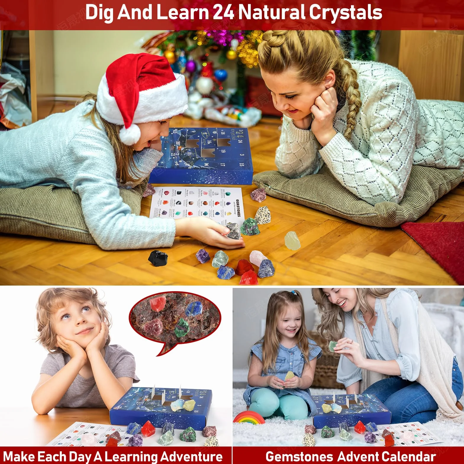 Calendario Avvento 2024 Cristallo, 24 Giorni Naturali Cristallo Rocce Pietra Minerali e Fossili Calendario dell'Avvento 2024 Natale Regalo per Bambini, Uomini, Donne, Ragazzi, Ragazze