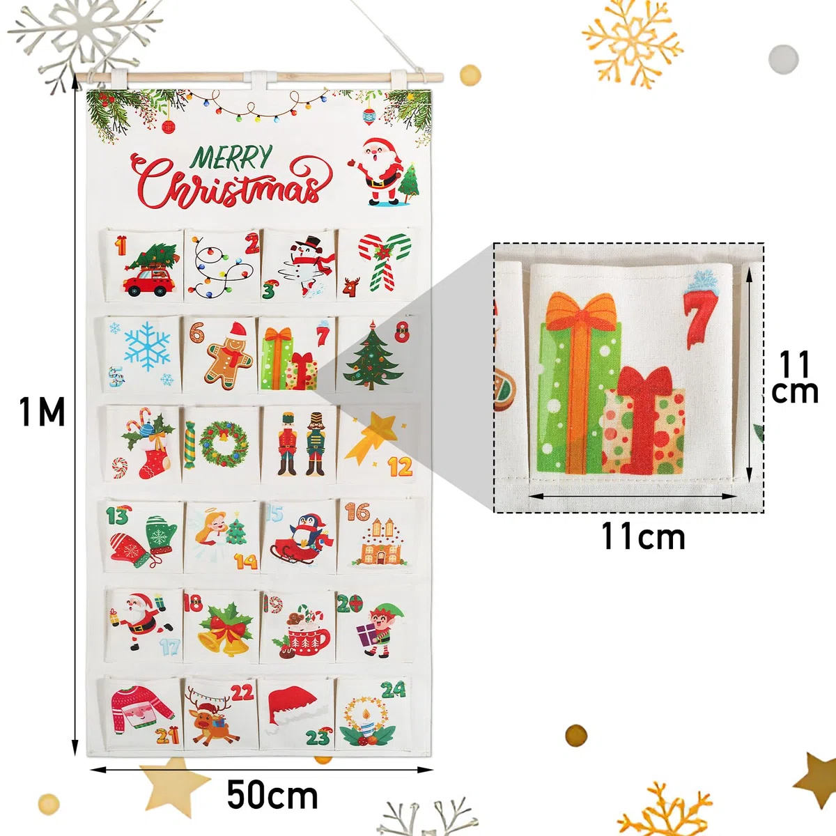 BOFUNX Calendario dell'Avvento da Appendere Calendario dell'Avvento in Tessuto Conto alla Rovescia Natale per Regalo di Natale Decorazioni Natalizie