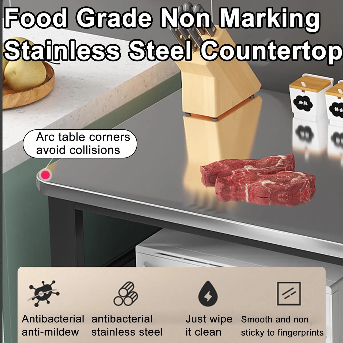 Scaffale per forno a microonde in acciaio inox, tavolo e supporto per la preparazione della cucina con ripiani aperti, isola da cucina in metallo, 4 ganci, soluzione salvaspazio 90 x 50 x 80 cm