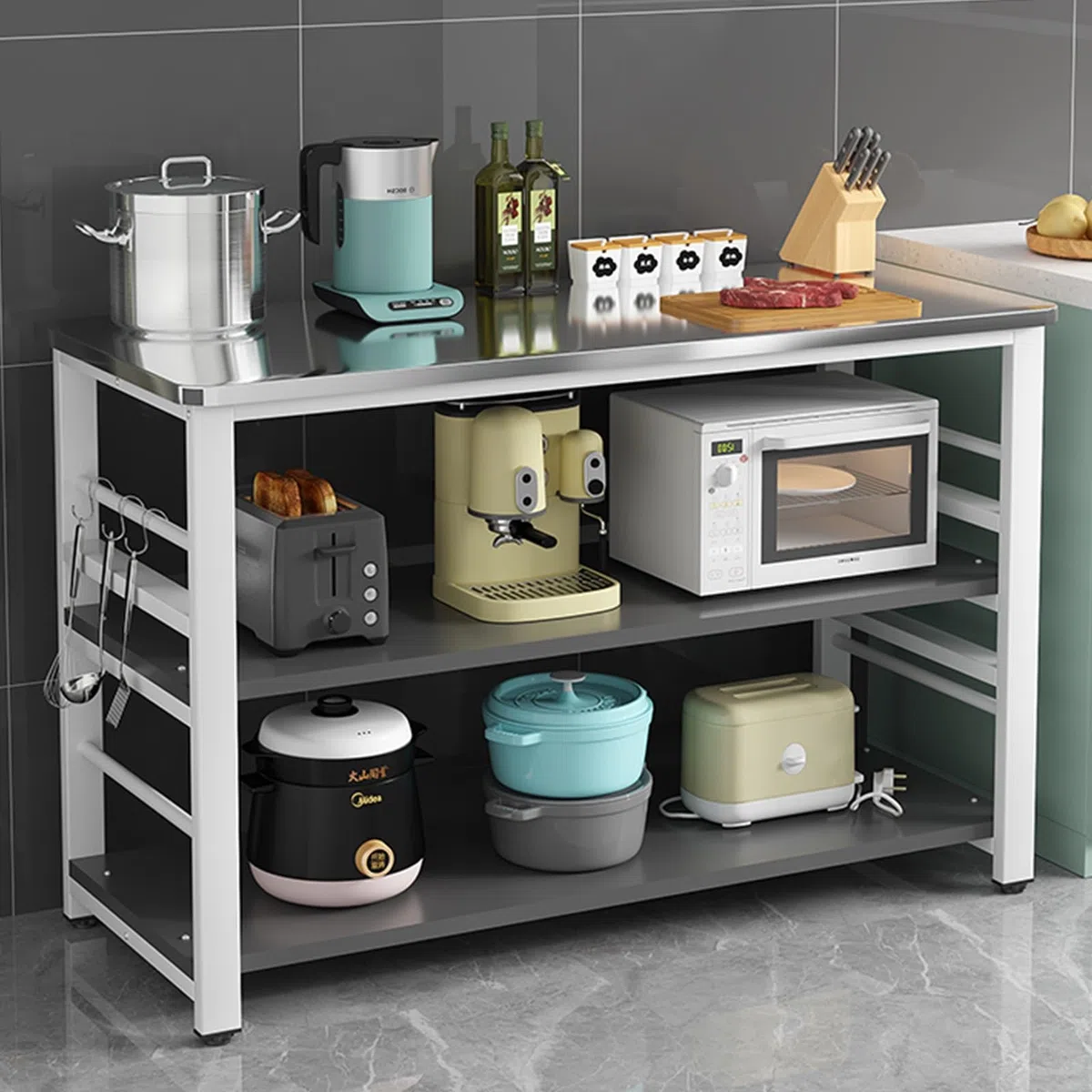 Scaffale per forno a microonde in acciaio inox, tavolo e supporto per la preparazione della cucina con ripiani aperti, isola da cucina in metallo, 4 ganci, soluzione salvaspazio 90 x 50 x 80 cm
