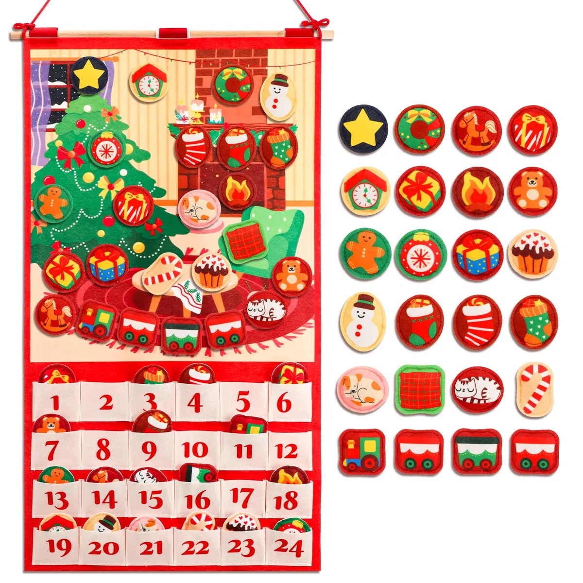 DPKOW Calendario Avvento 2025 in feltro con 24 Decorazioni Natalizie in Velcro, Fai da Te Calendario Avvento da Riempire con 24 Tasche e Asta, Regalo Addobbi Natale Decorazioni Natalizie per la Casa