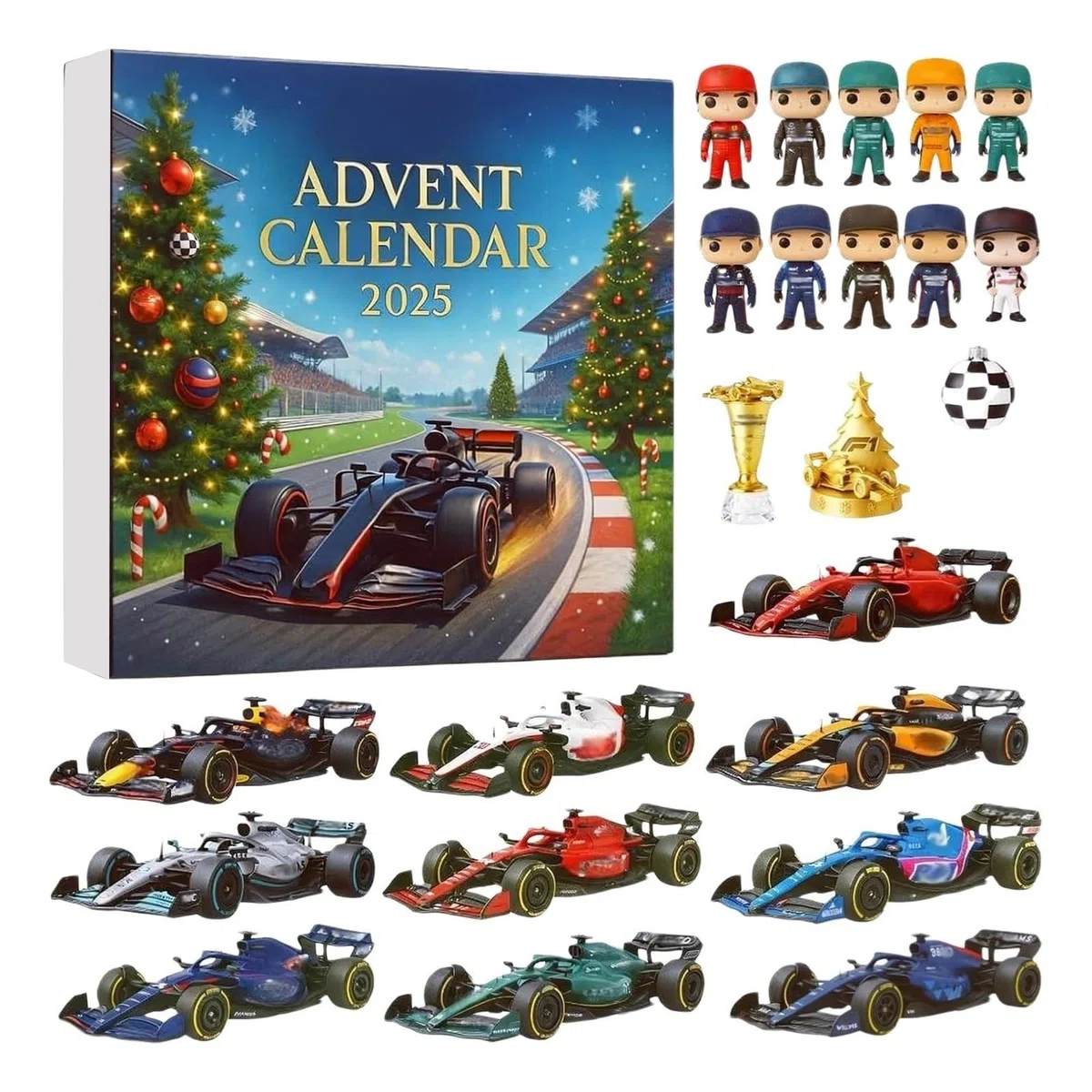 Calendario dell'Avvento natalizio 2025, conto alla rovescia 24 giorni, ornamento 2D Racing Team, sorpresa per le vacanze per ragazzi e ragazze (1 pezzo)