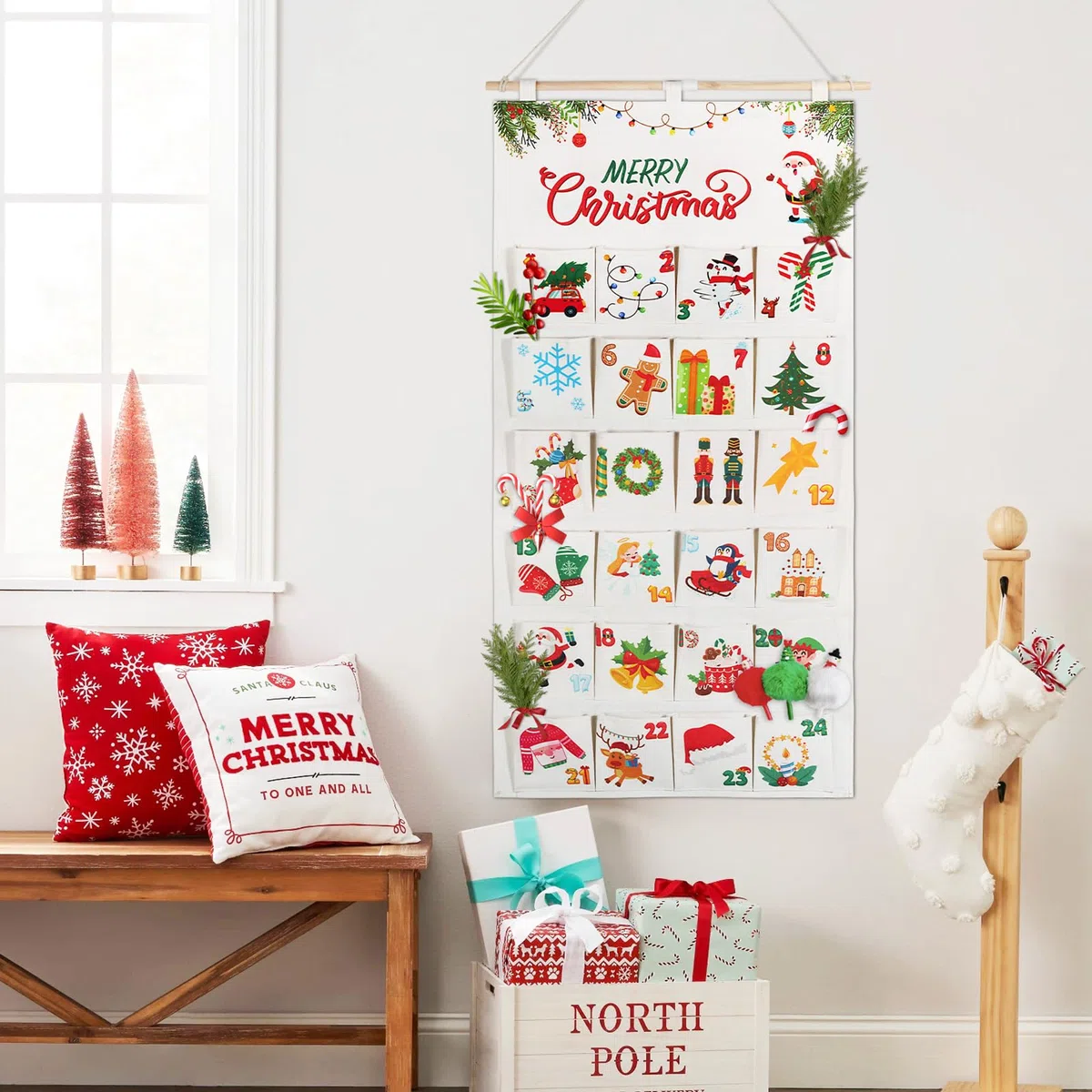 BOFUNX Calendario dell'Avvento da Appendere Calendario dell'Avvento in Tessuto Conto alla Rovescia Natale per Regalo di Natale Decorazioni Natalizie