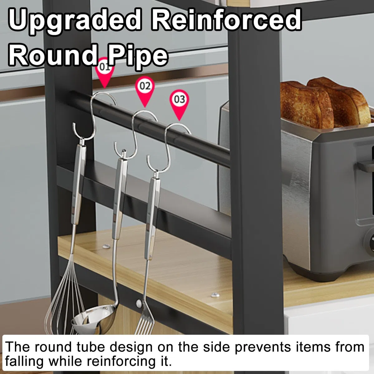 Scaffale per forno a microonde in acciaio inox, tavolo e supporto per la preparazione della cucina con ripiani aperti, isola da cucina in metallo, 4 ganci, soluzione salvaspazio 90 x 50 x 80 cm