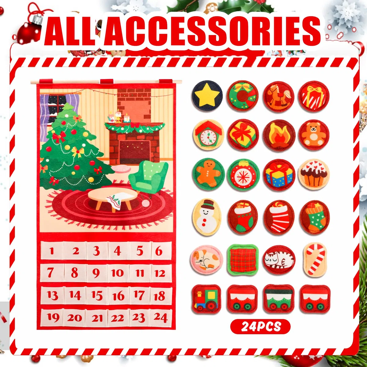 DPKOW Calendario Avvento 2025 in feltro con 24 Decorazioni Natalizie in Velcro, Fai da Te Calendario Avvento da Riempire con 24 Tasche e Asta, Regalo Addobbi Natale Decorazioni Natalizie per la Casa