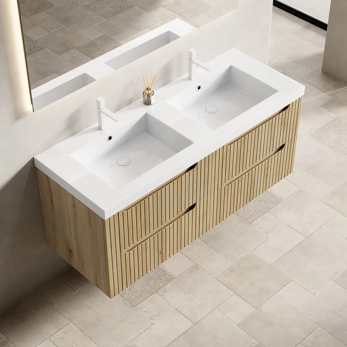 Mobile Bagno Sospeso con Legno, Doppio Lavabo Integrato, Rovere Bianco, 120cm