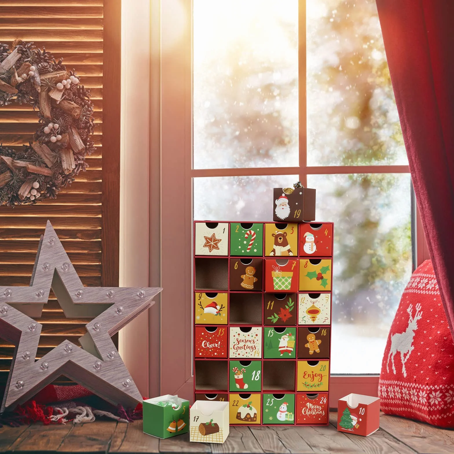 LEMESO Calendario Avvento 2024 Calendario dell’Avvento per Natale, con 24 Cassetti da Riempire, Scatole Regali Natalizie di Cartone per Confetti Caramelle Cioccolatini Dolcetti per Bambini
