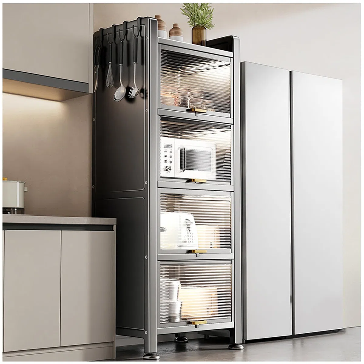 Armadietto da cucina a 6 ripiani, in acciaio al carbonio, con ripiano per forno a microonde, perfetto per soggiorno e sala da pranzo