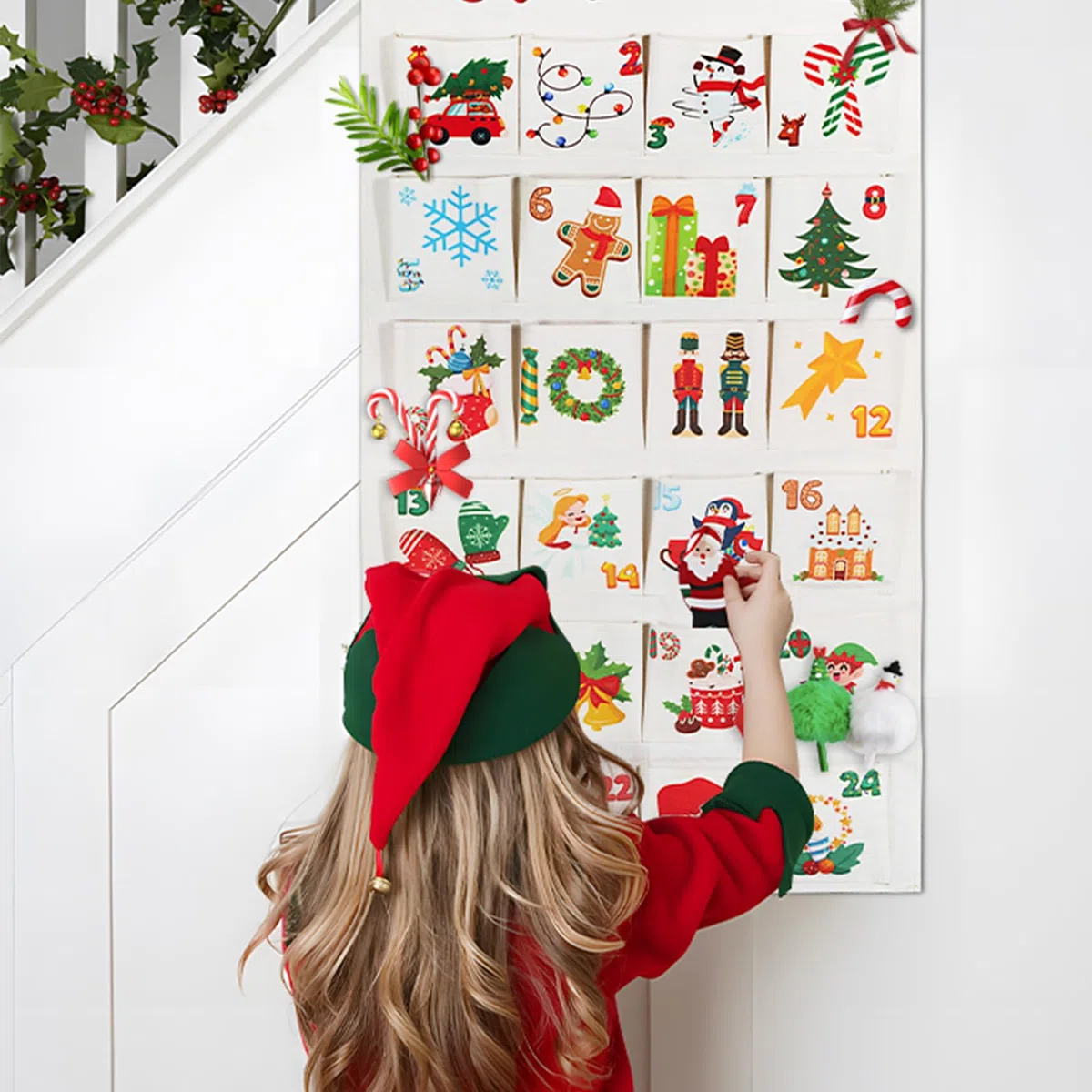 BOFUNX Calendario dell'Avvento da Appendere Calendario dell'Avvento in Tessuto Conto alla Rovescia Natale per Regalo di Natale Decorazioni Natalizie