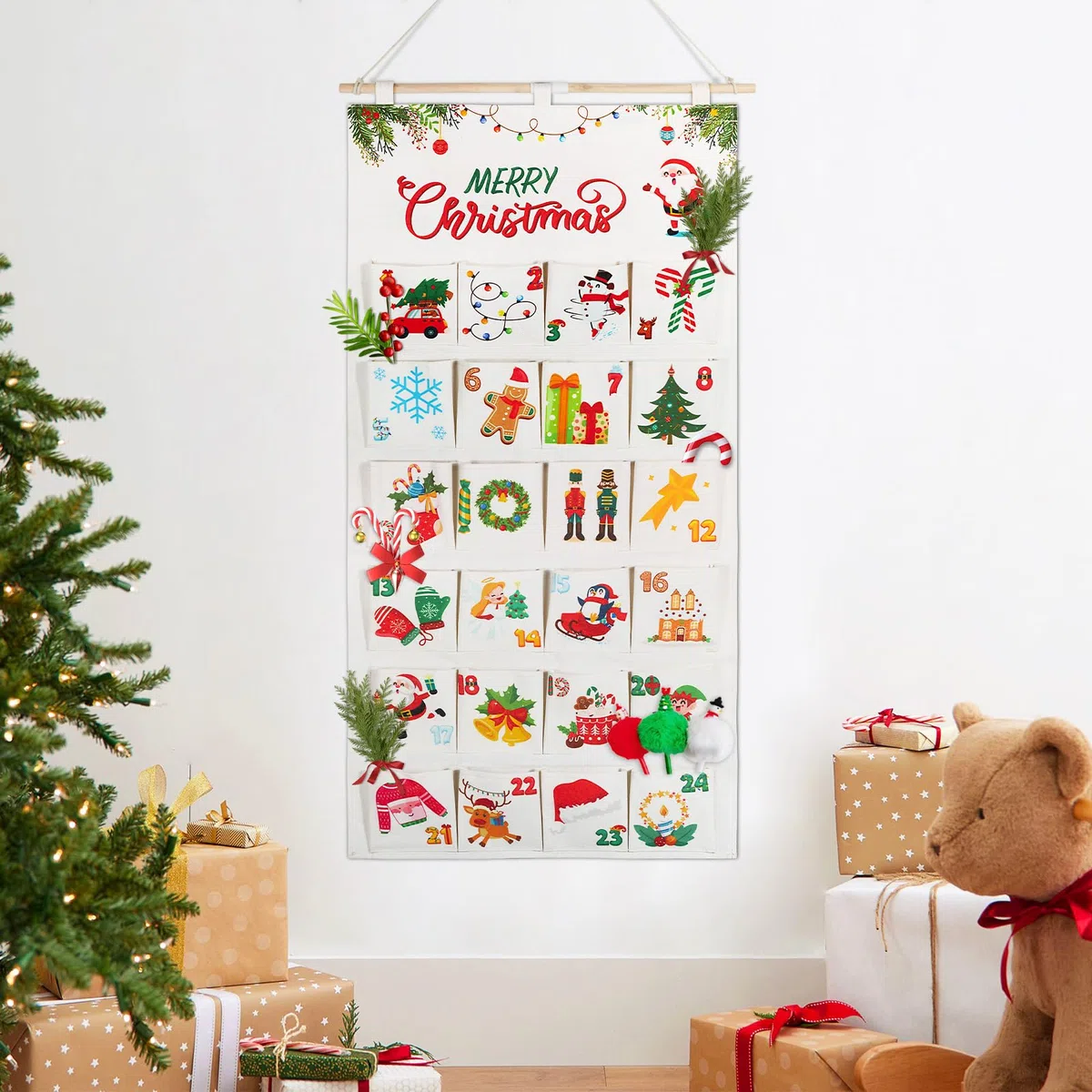 BOFUNX Calendario dell'Avvento da Appendere Calendario dell'Avvento in Tessuto Conto alla Rovescia Natale per Regalo di Natale Decorazioni Natalizie