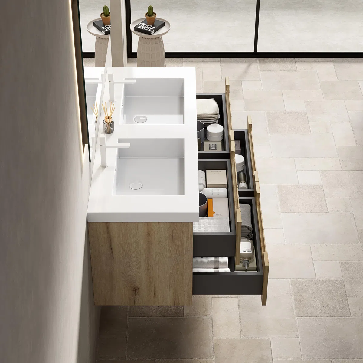 Mobile Bagno Sospeso con Legno, Doppio Lavabo Integrato, Rovere Bianco, 120cm