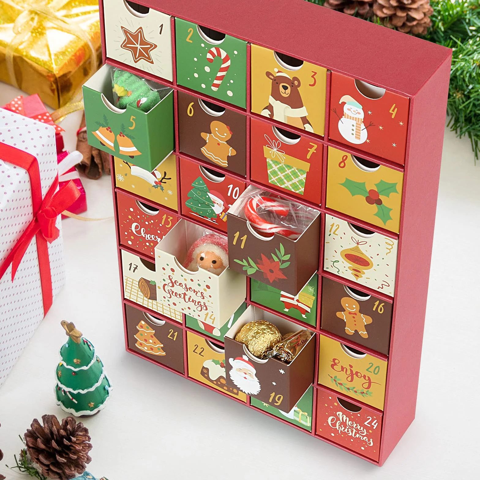 LEMESO Calendario Avvento 2024 Calendario dell’Avvento per Natale, con 24 Cassetti da Riempire, Scatole Regali Natalizie di Cartone per Confetti Caramelle Cioccolatini Dolcetti per Bambini